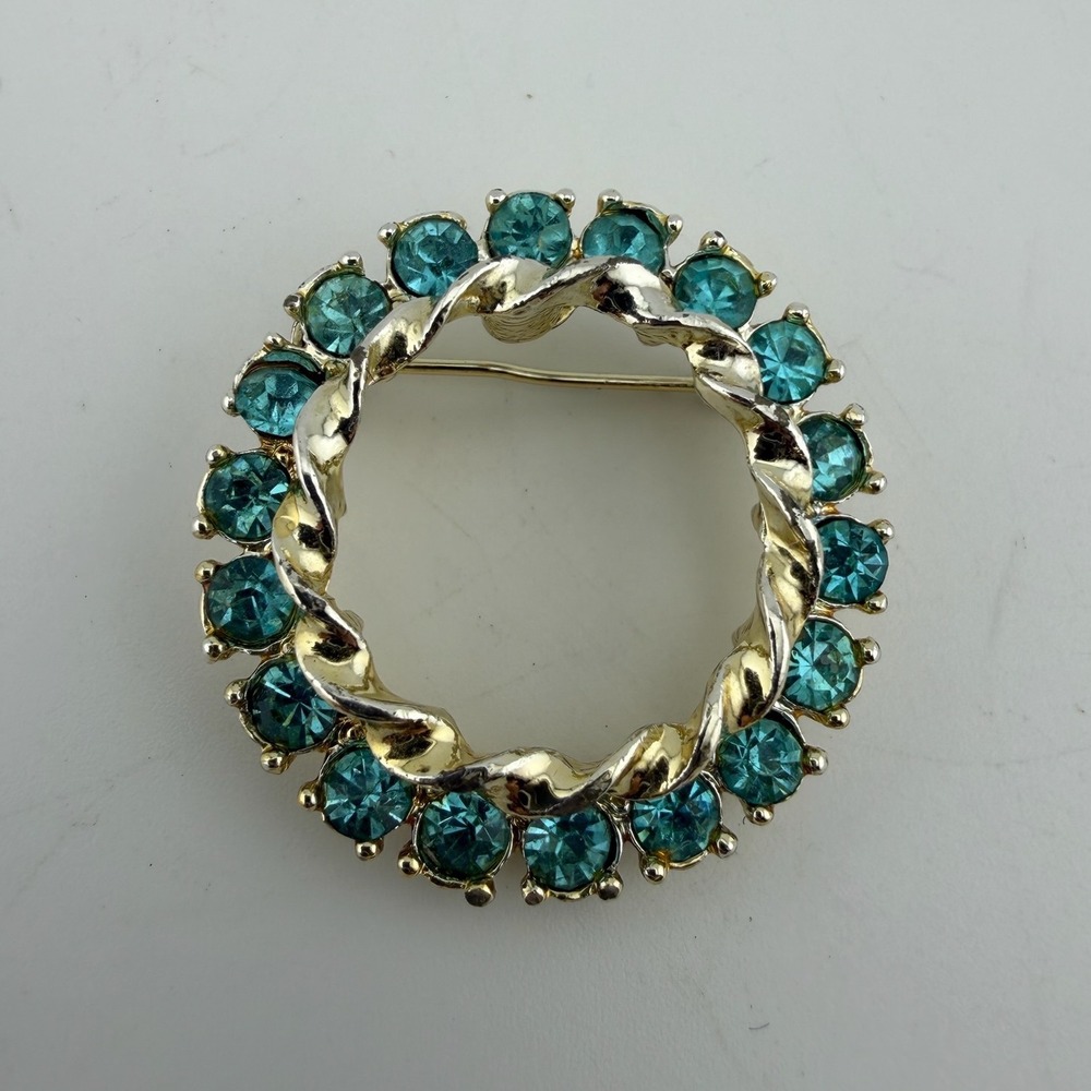 Gerrys‎ Wreath Brooch OS Gold Blue Excellent Vintage Rhinestone Circle Pin